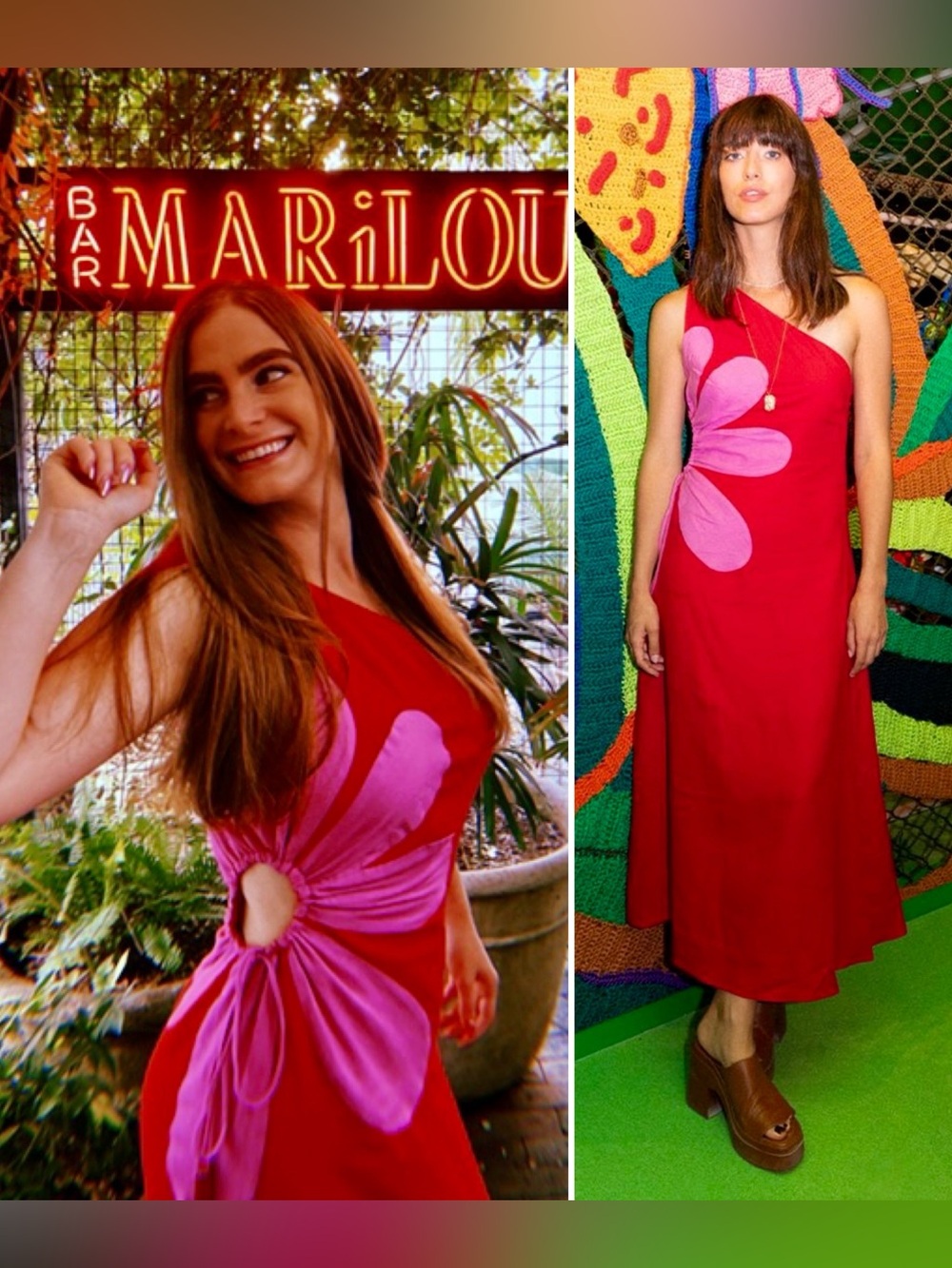 Farm Rio Red Pink One Shoulder Cutout Flower Dress Midi Maxi Linen Blend Large